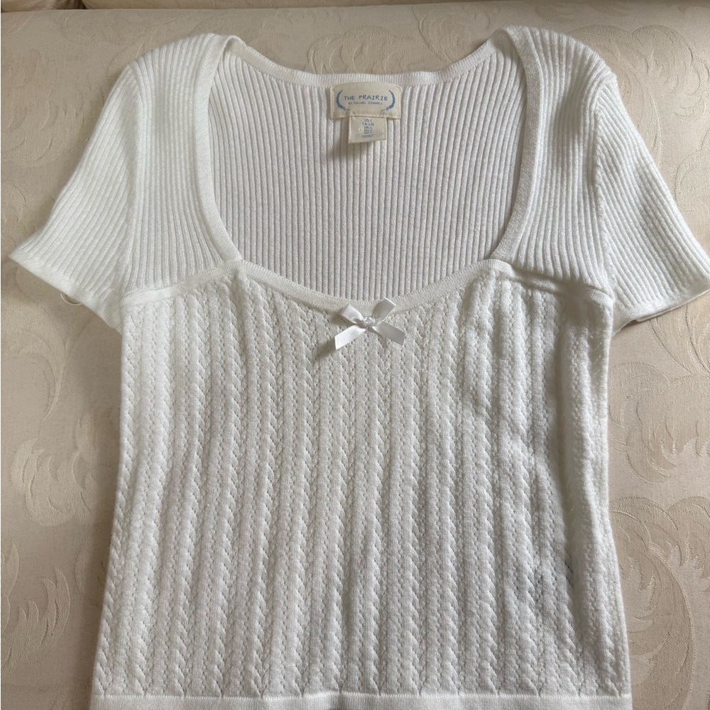 Rachel Ashwell Prairie White‎ Knit Top L Cottagecore Ribbed Bow Detail Soft Girl - Picture 2 of 7